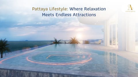 The atmosphere of the pool in the house with a sea view, a luxurious lifestyle atmosphere and sunlight.